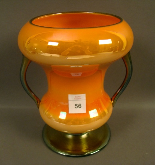Imperial Freehand Double Handled Vase Orange /MG with Blue Handles and Base. Has Original Label. Mea