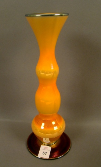 Imperial Freehand Triple Bulge Vase Orange/MG with Blue Base. measures 9 3/4" Tall