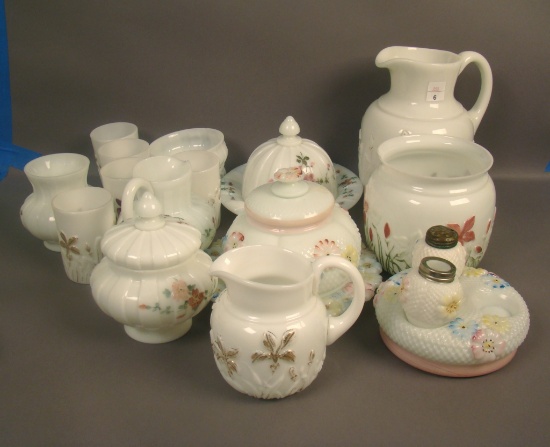 16 Pc Victorian Milk Glass Lot Including Decorated Torquay , Iris and Netted Cosmos