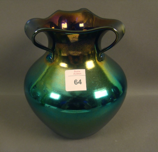 Imperial Freehand Cobalt Blue Tripled Handled Vase Taffeta Luster. Measures 6 3/4" Tall