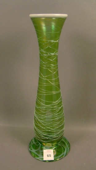 Imperial Freehand Grn/Opaque Thraeded Ftd. Vase Measures 11 1/2" Tall. Good Threading