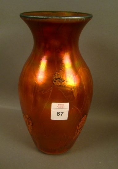 Imperial Freehand Orange Hanging Hearts Vase Has Mottled Hanging Hearts with Cobalt Blue Trim. Measu