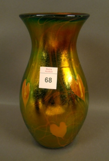 Imperial Freehand Hanging Hearts Vase Cobalt/ Orange Hanging Hearts. Measures 8" with Original Label