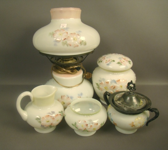 5 Piece Consolidated Coreopsis Milk Glass Lot Including Lamp, Cracker Jar, Sugar and Creamer