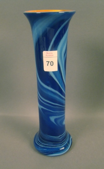 Imperial Freehand Blue Marbleized Cylinder Vase Has Marigold Interior. Measures 8 1/2" Tall