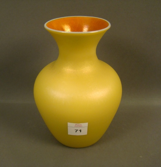 Imperial Freehand Yellow Satin Bulbous Vase Has Marigold Interior. Measures 6 1/2" Tall