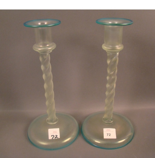 Pair of Steuben Cyprian Twisted Candle Sticks Measuring 9 3/4"