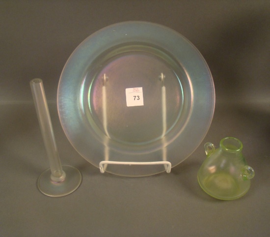 Three Piece Steuben Art Glass lot Verre de Soie Bud Vase, Plate and Cabinet Vase