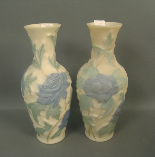 Two Consolidated Tri Colored Bisque Floral Vases Green and Blue Florals