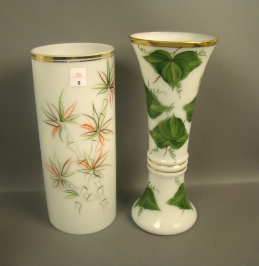 2 Pc. Consolidated  Decorated Con Cora Lot Large Cylinder 12" Vase with Bamboo Design and Large 12 1