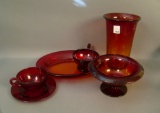 Co-Op Flint Ruby Glass 6 Pc Lot Vase, Ftd. Compote, Cup & Saucer, Oval Platter and Open Sugar
