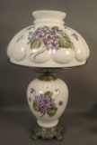 Consolidated Decorated Milk Glass Lamp Bulging Loop Violet Decorated. Measures 24 1/2