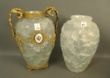 2 Pc Consolidated Crystal Frosted Dogwood Vase Lot One in handled Ormolu Frame. Frame has Repairable