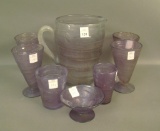 7 Pc Consolidated Catalonian Amethyst Wash Lot 1 Handled Jug, 4 Ftd Tumblers, 1 tumbler, and 1 Juice