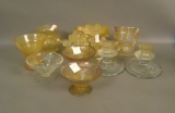 11 Pc. Consolidated Catalonian Lot Pair of Honey Top Crystal Candle Holders, Marigold Flash Saucer &