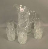 Cut Glass Intaglio Floral Etched 6 Pc. Water Set One tumbler has Flake Underneath Base as Shown