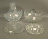 4 Piece Vintage Cut Glass Lot 1 Plate, 1 Etched Handled Tray,  1 Press Cut Bowl w/ Intaglio Floral D