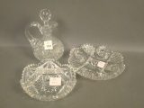 3 Pc Signed Fry Cut Glass Cruet and Nappy's