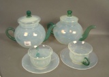 Two Fry Foval Jade Green Teapots W/ Cups & Saucers