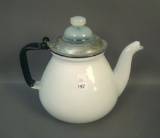 Fry White Enamel Coffee Pot W/ Opalescent Finial Measures 9