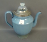 Fry Blue Enameled Coffee Pot W/ Opalescent Finial Measures 9