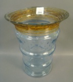 Fry Lt Blue Controlled Bubble Art Deco Vase Has Amber Threading and measures 8