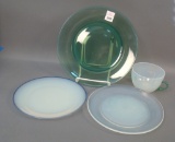 Four Piece Fry Misc. Glass Lot Jade Green Sugat, Delft Blue Plate, Opalescent Plate and Co-Op Green