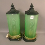 Pair of U. S. Glass Deco Lady Night Lights Green Stain with Black Base. Measuring 13 1/2