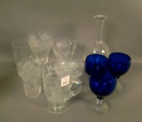 Ten Piece Glass Lot Fry Crystal Geisha Girl Mug,  Pair of Locke Art  Stems, 3 Cobalt Ftd Glasses and