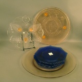 Seven Piece Lot of Glass Plates Four Cobalt Octaganol Plates and Three Pink Depression Era Plates. V