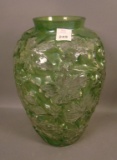 Consolidated Green Stain /Crystal Dogwood Vase Measures 10 3/4