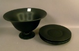 Tiffin Blk Satin Lg. Ftd. Compote & 4 Plates Compote Measures 6