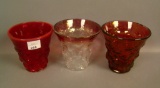 3 Piece Consolidated Spanish Knobs Vases Red with Opal Trim, Cranberry Flash and Cranberry /Clear. 7