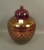 Consolid Cranberry Flash Wheel Cut Covered Urn Measures 11 1/2