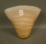 Consolidated Regent Pink Iridised Catalonian Vase Cased Small Fan Vase. Measures 6 5/8