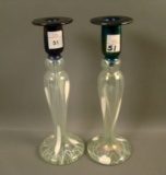 Two Imperial Freehand Hanging Hearts Candlesticks Opaque Frosted White with Cobalt Tops. measuring 9