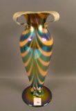 Imperial Freehand Pulled Loop Vase Orange Over MG with Blue Pulled Loops and Tri Cornered Top. Measu