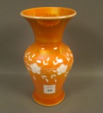 Imperial lead Luster Vase W/ Cut Floral Design Orange/MG Wheel Cut Floral Decoration. Measures 6