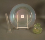 Three Piece Steuben Art Glass lot Verre de Soie Bud Vase, Plate and Cabinet Vase