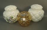 3 Pc Consolidated Florette Covered Jar Lot Marigold Flash, and Pair of Decorated Milk Glass