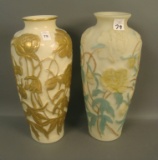 2 Consolidated Chrysanthemum Vases Custard/Gold and Tri Colored Bisque