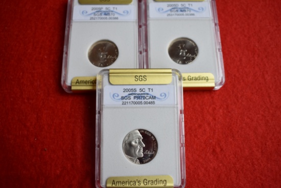 3 2005 Jefferson Nickels - 1 Proof, 2 Gem BU