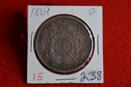 1869 Vf Napoleon 111 French 5 Franc 90% Silver