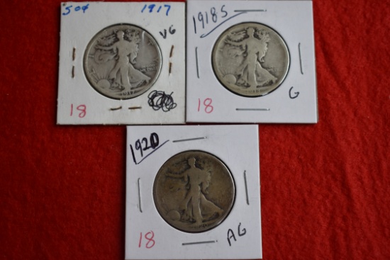 1917, 1918-s, 1920 Walking Liberty Half Dollars