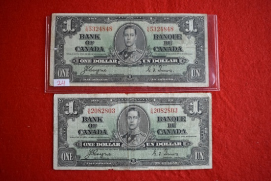 2 - Canadian Bank Of Canada 1937 $1 Bills
