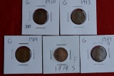 5 - Early Lincoln Wheat Cents G; 1910, 1913, 1919, 1919-s, 1927d