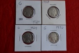 4 - Buffalo Nickels G; 1927, 1928, 1929, 1930