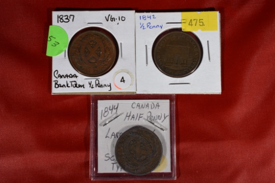 1837,1842,1844 Canadian Half Cent Tokens