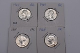 4 - 1964 Silver Washington Quarters - Bu