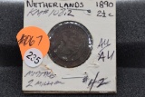 1890 Netherlands 2 1/2 Cents Broadaxe - Au